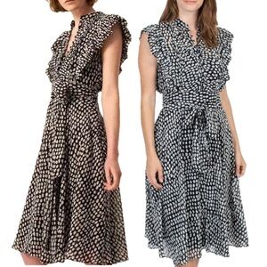 Club Monaco Black White Saffra Polka Dot Ruffle Sleeveless Belted Midi Dress